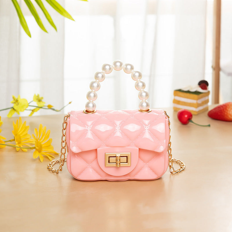 Children's Jelly Bag Rhombic Chain Pearl Handbag