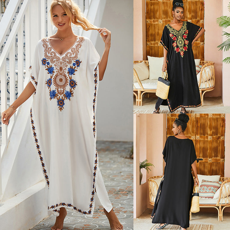 Women's Seaside Vacation Cotton Embroidered Long Skirt Beach Cover-up