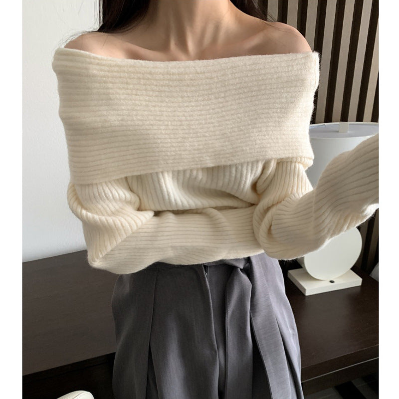 Off-the-shoulder Pile Collar Slim Knit Sweater