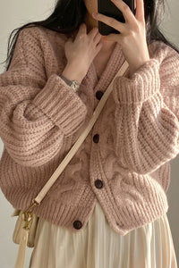 Women's V-neck Puff Sleeve Linen Pattern Loose Knitted Cardigan Sweater Coat