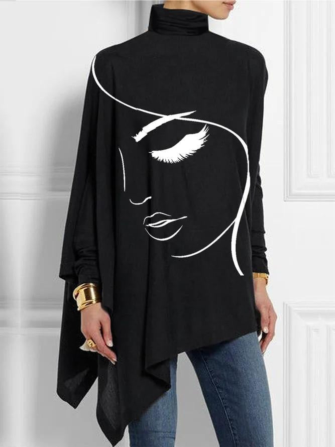 Turtleneck Irregular Knit Bottoming Printed Shirt