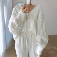 V-neck Single-breasted Loose Wild Linen Pattern Sweater Coat Women