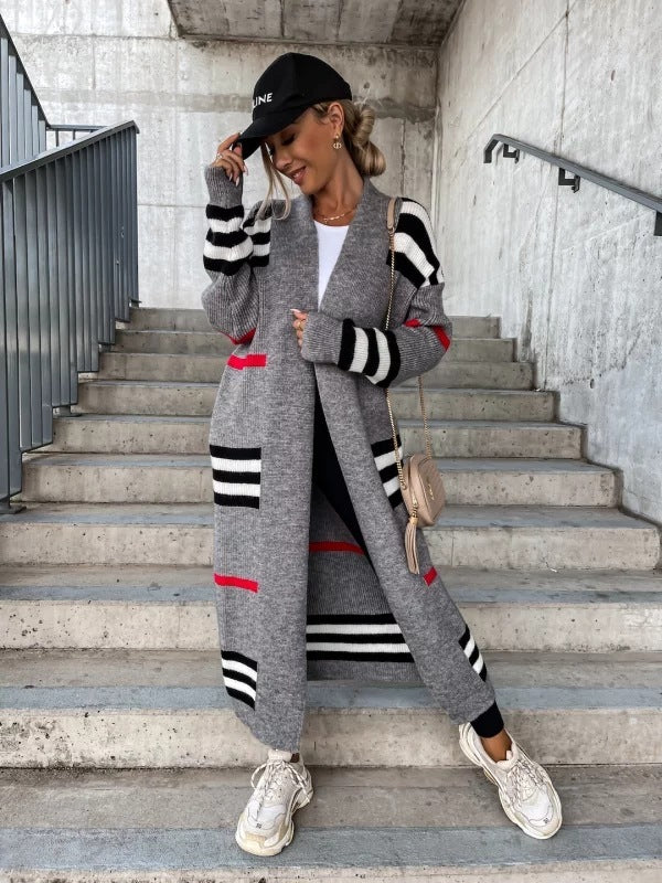 Women's Long Cardigan Striped European And American Style Women Knitted Sweater