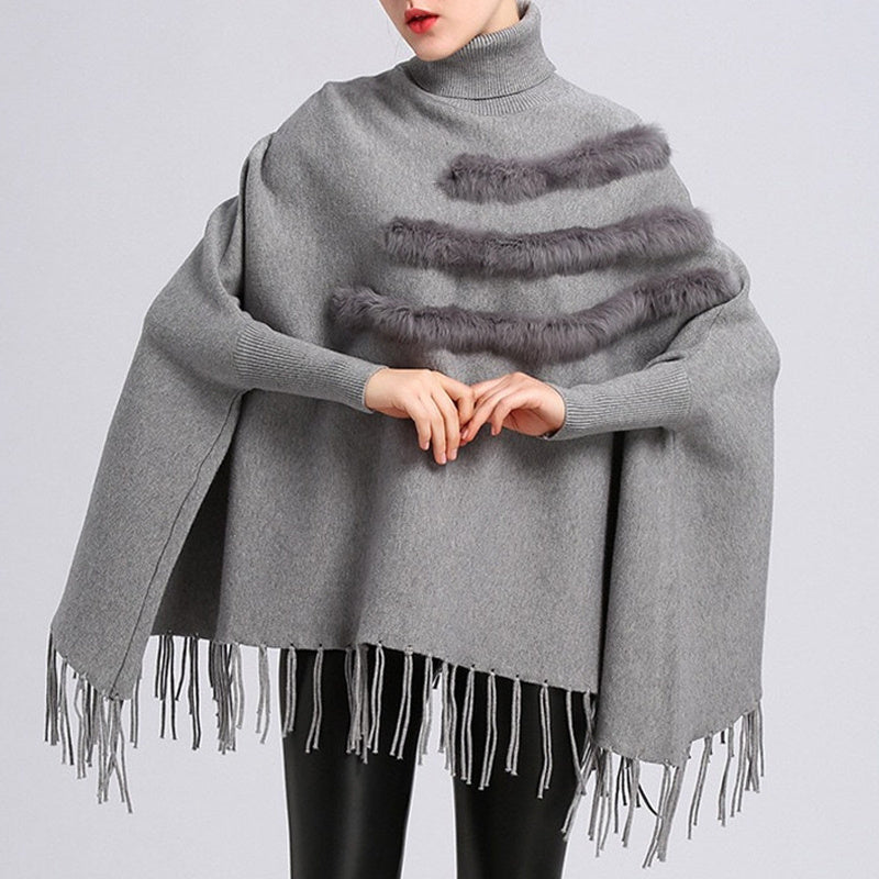 High Neck Sweater Women's Loose Medium Length Tassel Shawl Coat