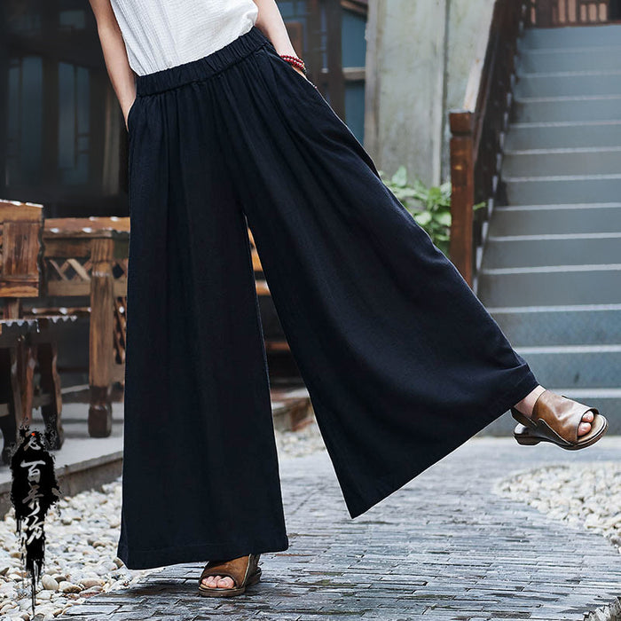 Linen Slim-looking Stone Washed Trousers Yoga Travel Culottes