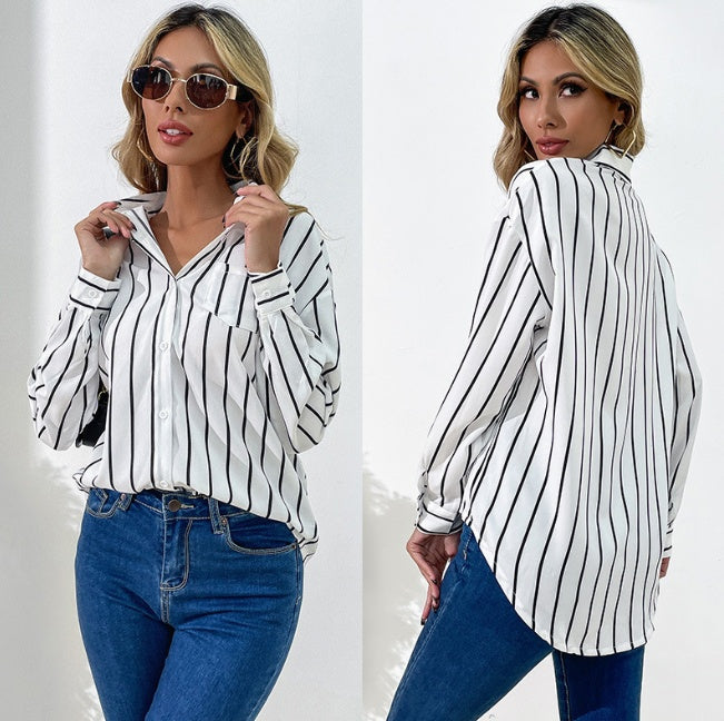 Business Wear Women's Loose Lapels White Striped Shirt