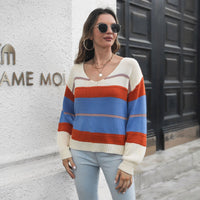 Striped Contrast Color V-neck Long-sleeved Knitted Sweater Women's Loose Autumn And Winter