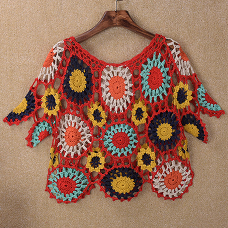 European And American Handmade Crochet Hollow-out Beach Cover-up Hand Crocheting Three-quarter Sleeve Crocheted Top