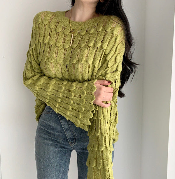 Round Neck Sleeve Feather Flared Sleeve Sweater Women