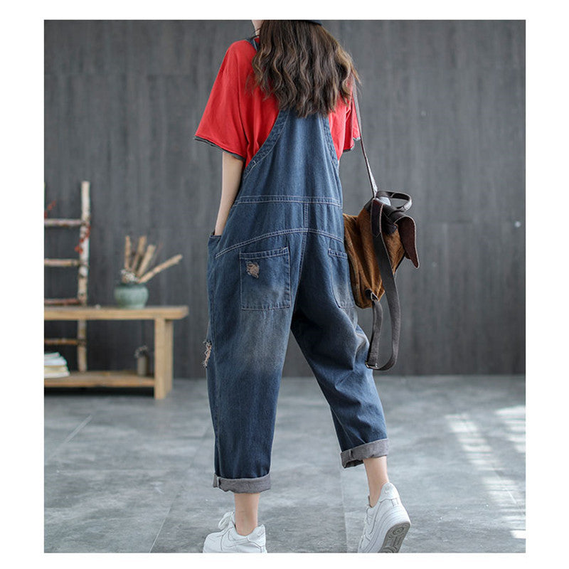 Loose-looking Thin Summer Jeans With Ripped Suspenders