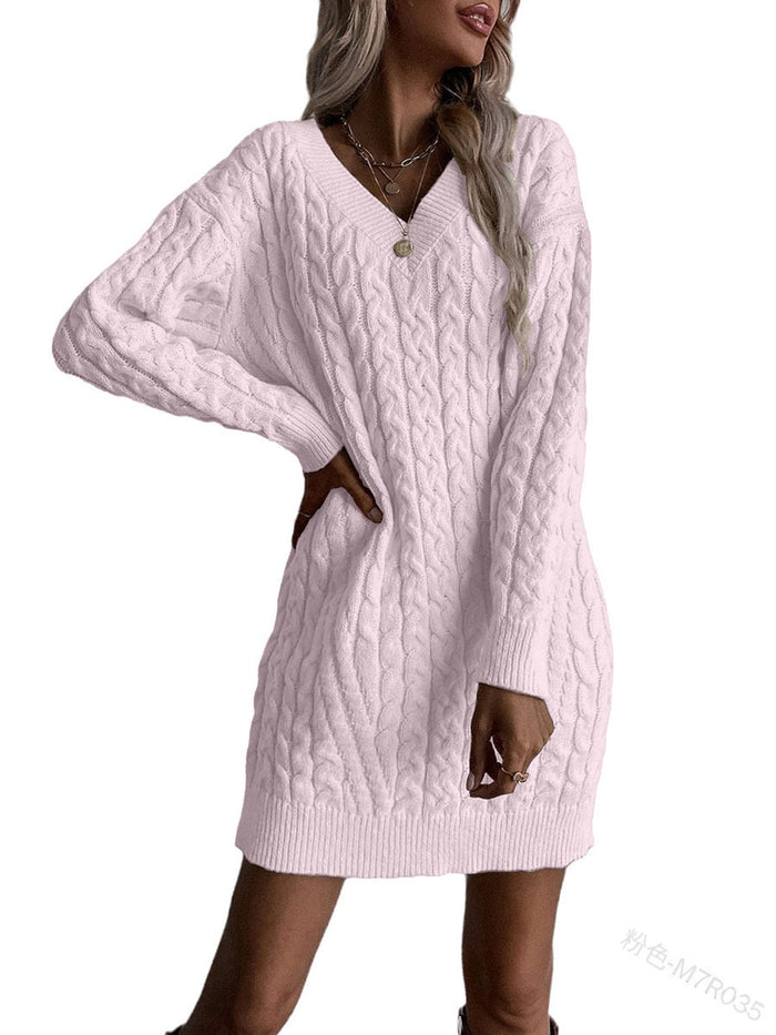 Solid Color And V-neck Pullover Dress Sweater Women's Casual Fashion Mid-length Knitwear