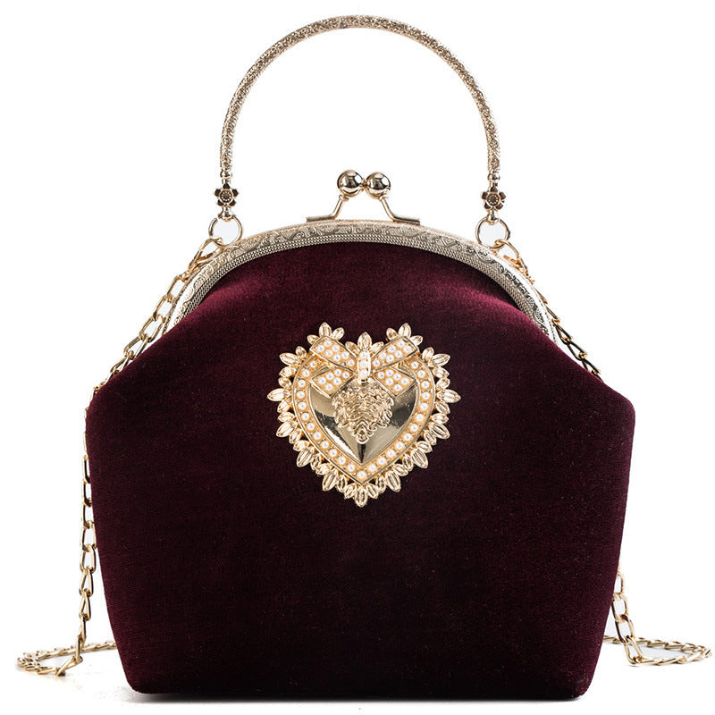 Personalized hand pocket retro gold velvet shell bag with diamonds