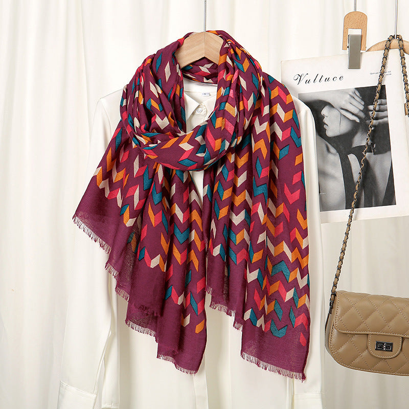 Diamond Patterns Printed Cotton And Linen Scarf Color Matching Scarf