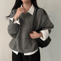 All-matching Solid Color V-neck Pullover Sweater Lazy