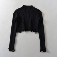 Frayed Round Neck Pullover High Waist Short Thickened Sweater