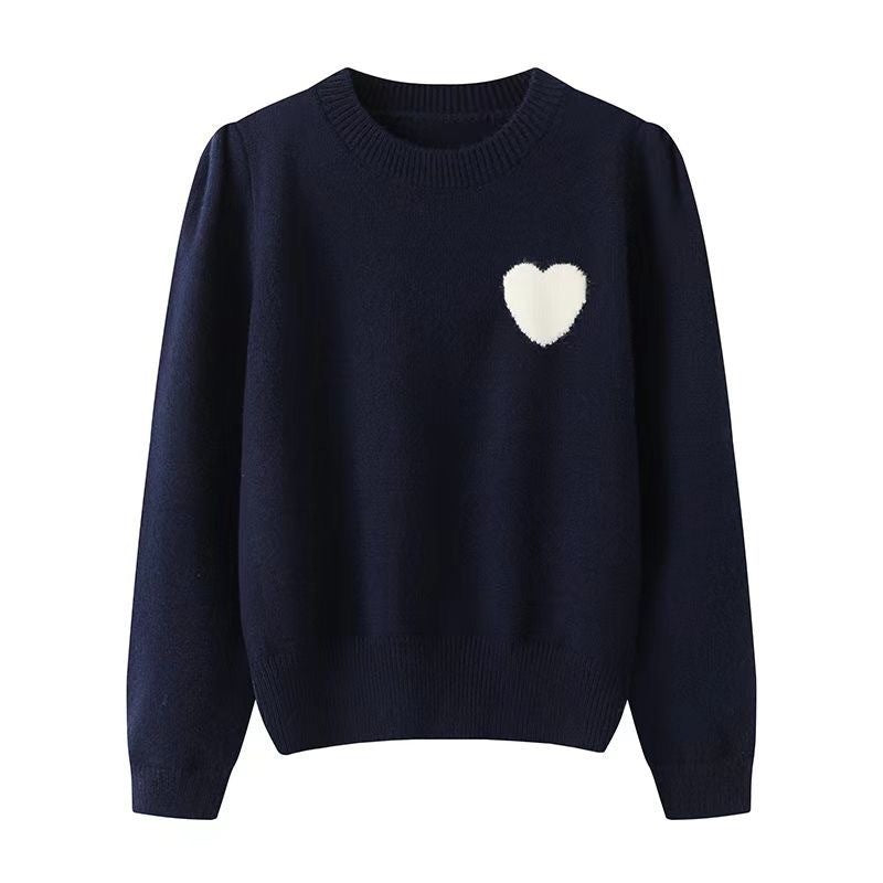 Korean Style Heart Embroidered Round Neck Sweater