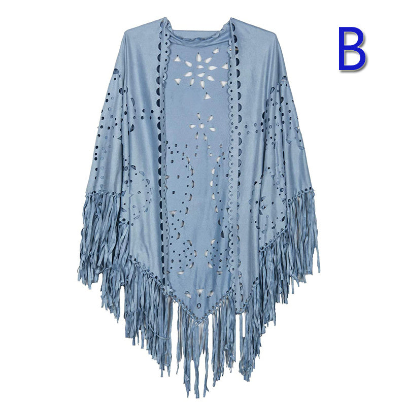 Stretch Suede Fringed Shawl Cape All-match