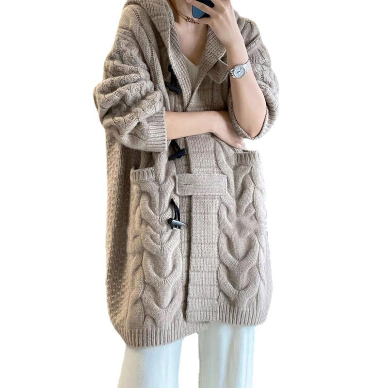 Twisted Hooded Jacket Horn Button Loose Casual