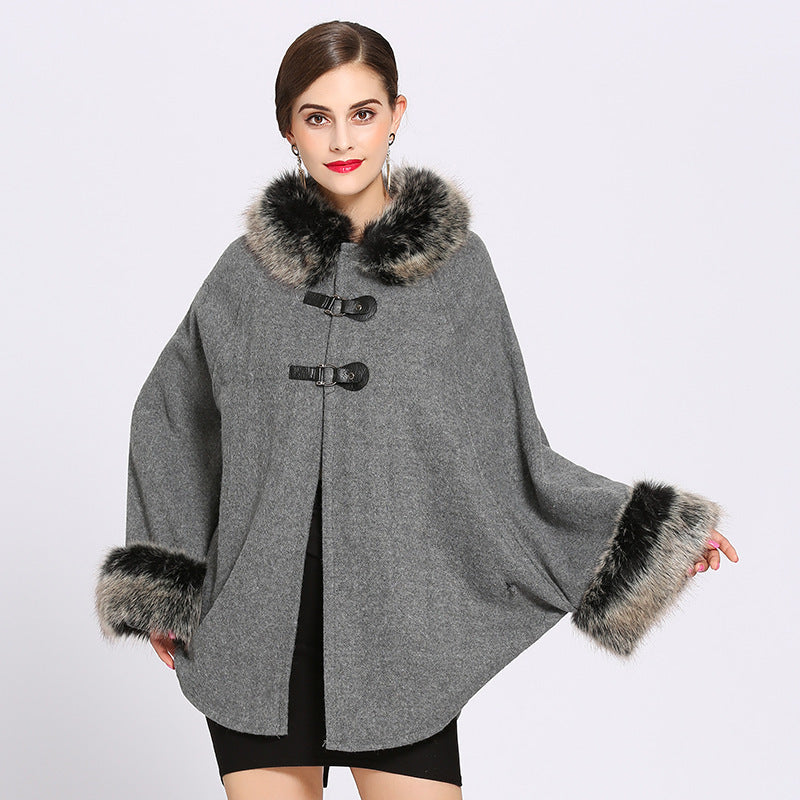 European and American autumn and winter new style rex rabbit fur collar double leather buckle knitted cardigan cloak shawl woolen coat women