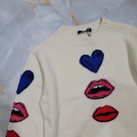 Heavy Handmade Jacquard Pattern Cashmere Round Neck Knitted Sweater For Women