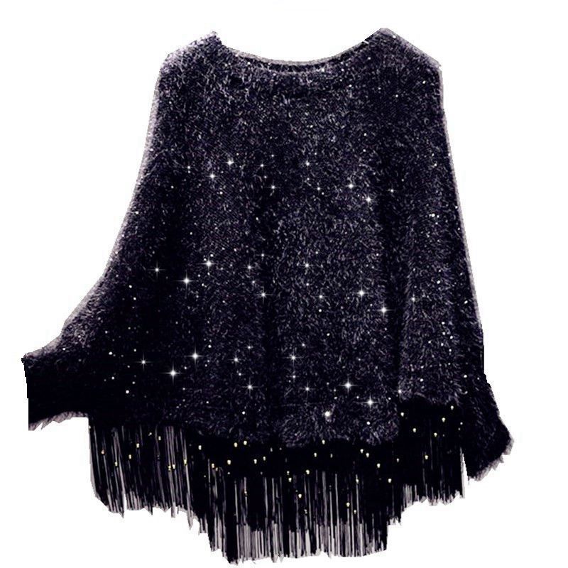 Autumn And Winter Sequined Tassels Loose-fitting Cape And Shawl Pullover Sweater