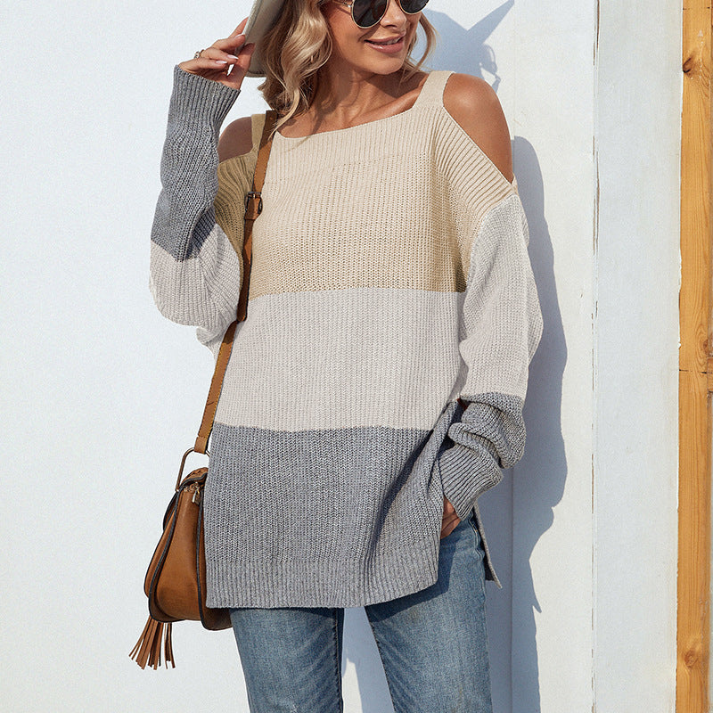 Contrast Color Off-the-shoulder Split Sling Sweater