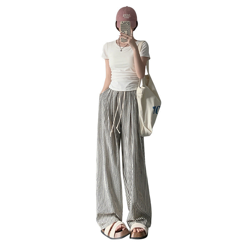 Two-tone Vertical Stripes Thin High Waist Casual Loose Wide Leg Pants