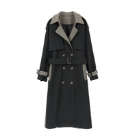 Women's Fashion Stitching Dark Green Woolen Coat In Winter