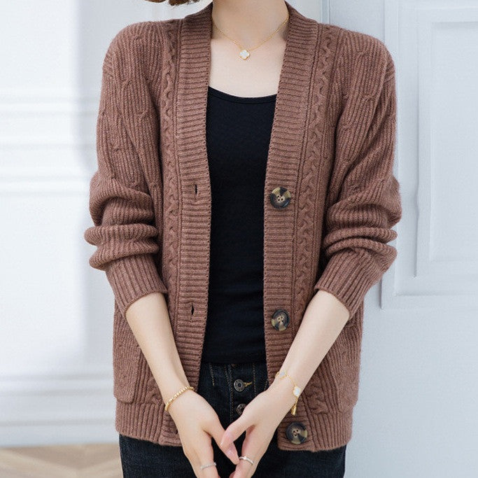 Wool Knit Cardigan Long Sleeve V-Neck Cropped