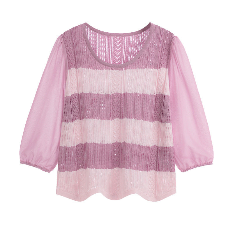 Round Neck Sweet Stitching Long Sleeve Loose Striped Sweater