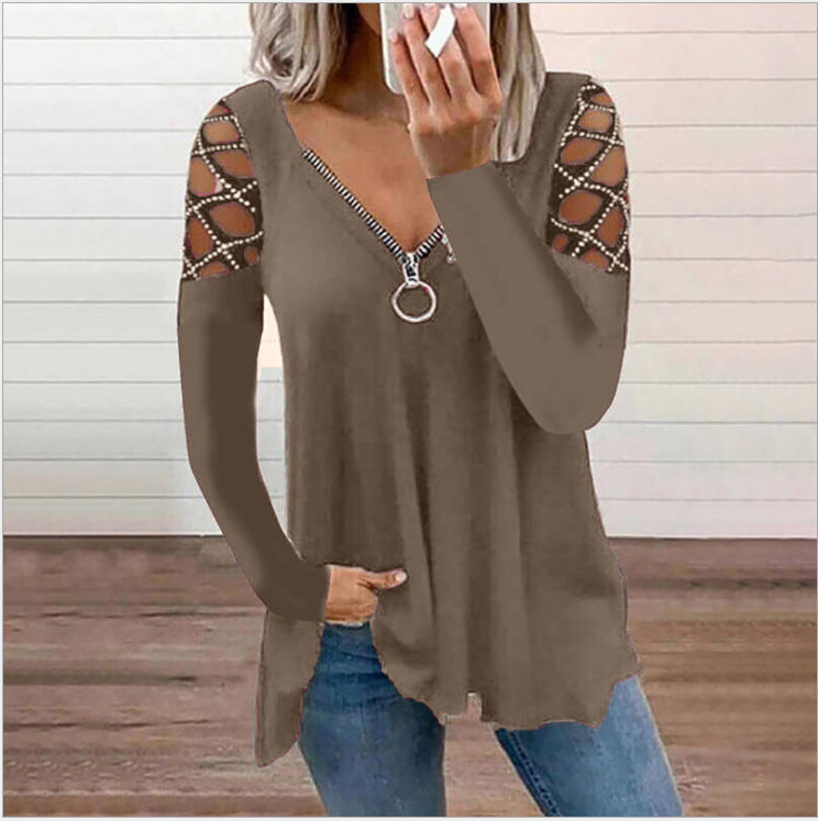 Women's V-neck Hollow-sleeve Rhinestone Casual Top