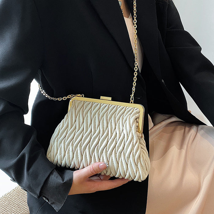 Chain Shoulder Texture Lock Pleated Handbag