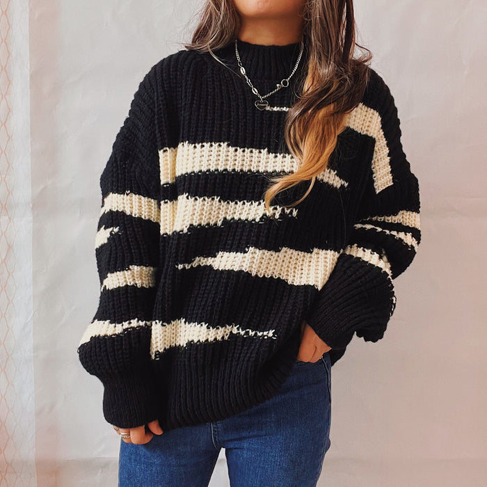 Round Neck Long Sleeve Irregular Stripe Contrast Sweater Pullover