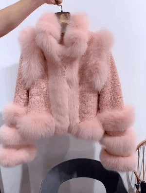 Winter New Fox Fur Tweed Woollen Stitching Top Short Women's Coat