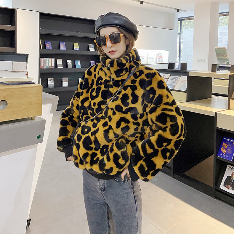 Winter Artificial Green Fur Women's Stitching Leopard Print Short Sweater