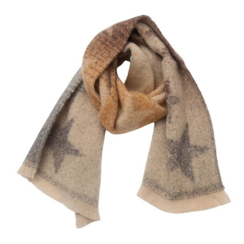 European And American Autumn And Winter Circle Yarn Jacquard Gradient Color Five-pointed Star Scarf