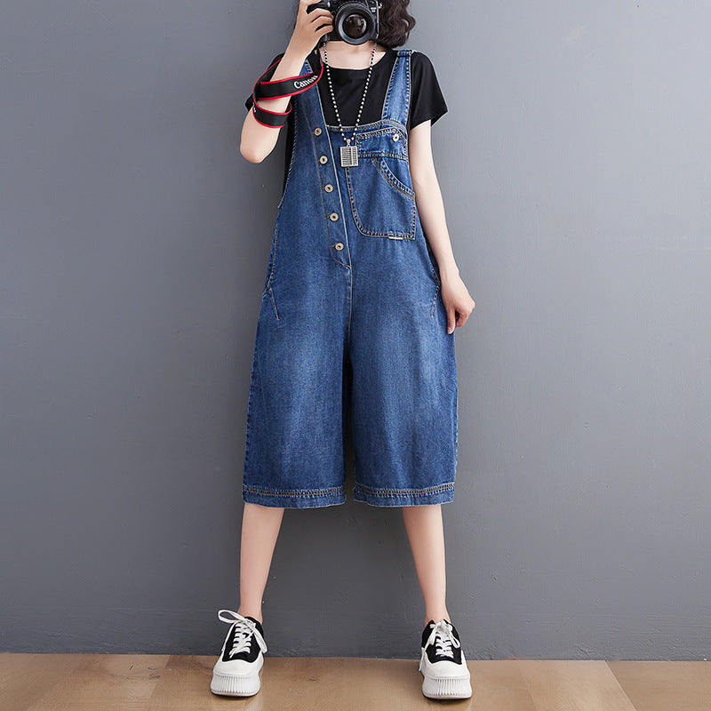 Age-reducing Denim Overalls Five-point Pants Women's Straight Shorts