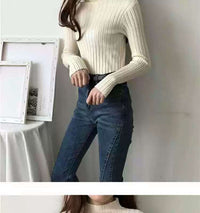 Hollow Striped Mock-neck Bottoming Shirt Women's Sweater