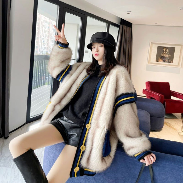 Single Breasted Fur Patchwork Wool Coat