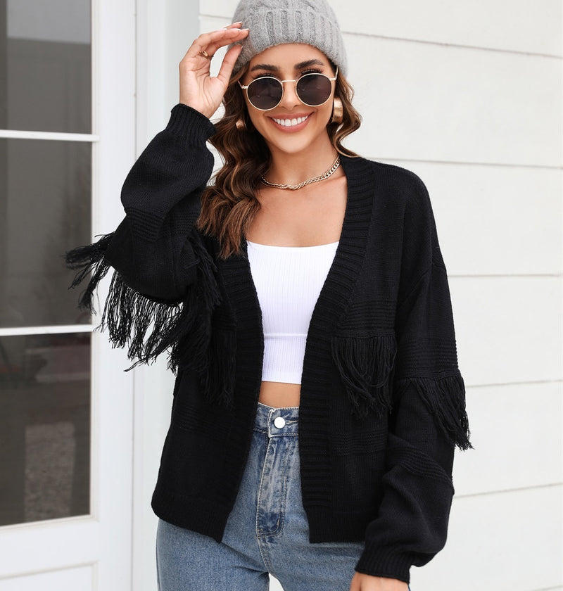 Women's Short Knitted Cardigan Tassel Sweater Top