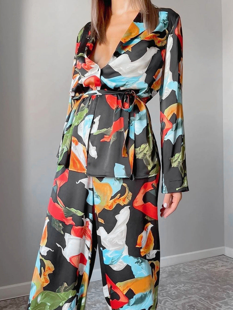 Women's Fashion Print Top Wide Leg Pants Suit