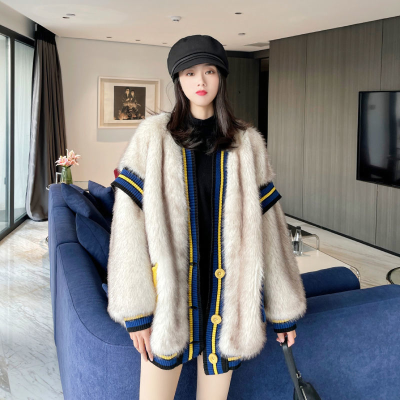 Single Breasted Fur Patchwork Wool Coat