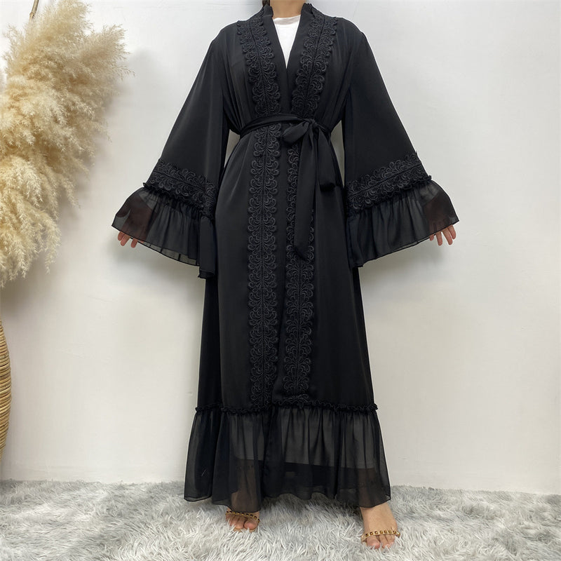 Black Flower Embroidered Lace Up Muslim Cardigan Robe