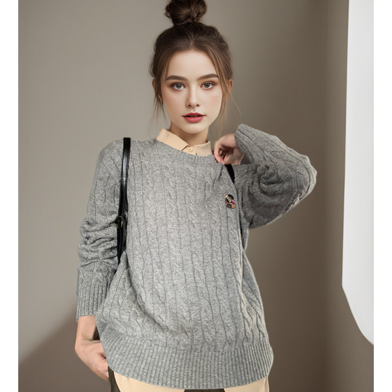 Bear Embroidery Round Neck Sweater For Women Style Lazy