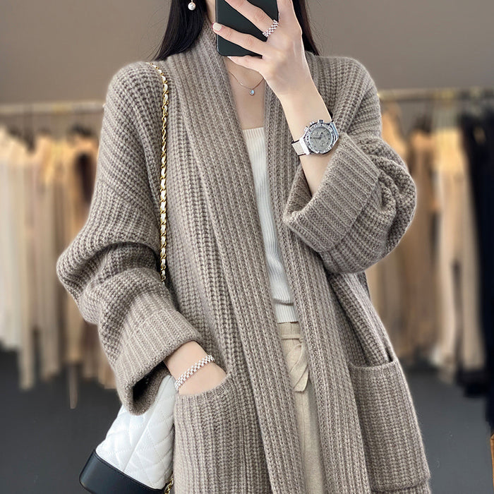 New Lazy Wind Mid-length V-neck Sweater Coat Women