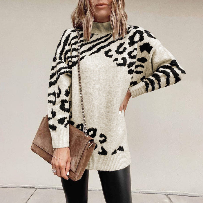 High Neck Leopard Sweater Women Amazon New Sweater Dress