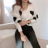 Women's V-neck Heart-shaped Embroidered Sweater Top