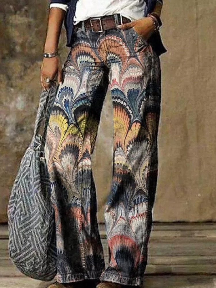 Women's Floral Print Faux Denim Wide Leg Pants