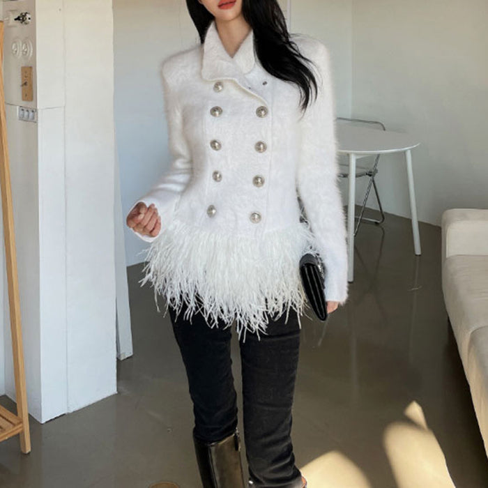 Lapel Long Sleeve Slim Double Breasted Tassel Coat Women