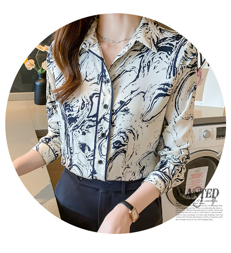 Women's Printed Long-sleeved Lapel Shirt